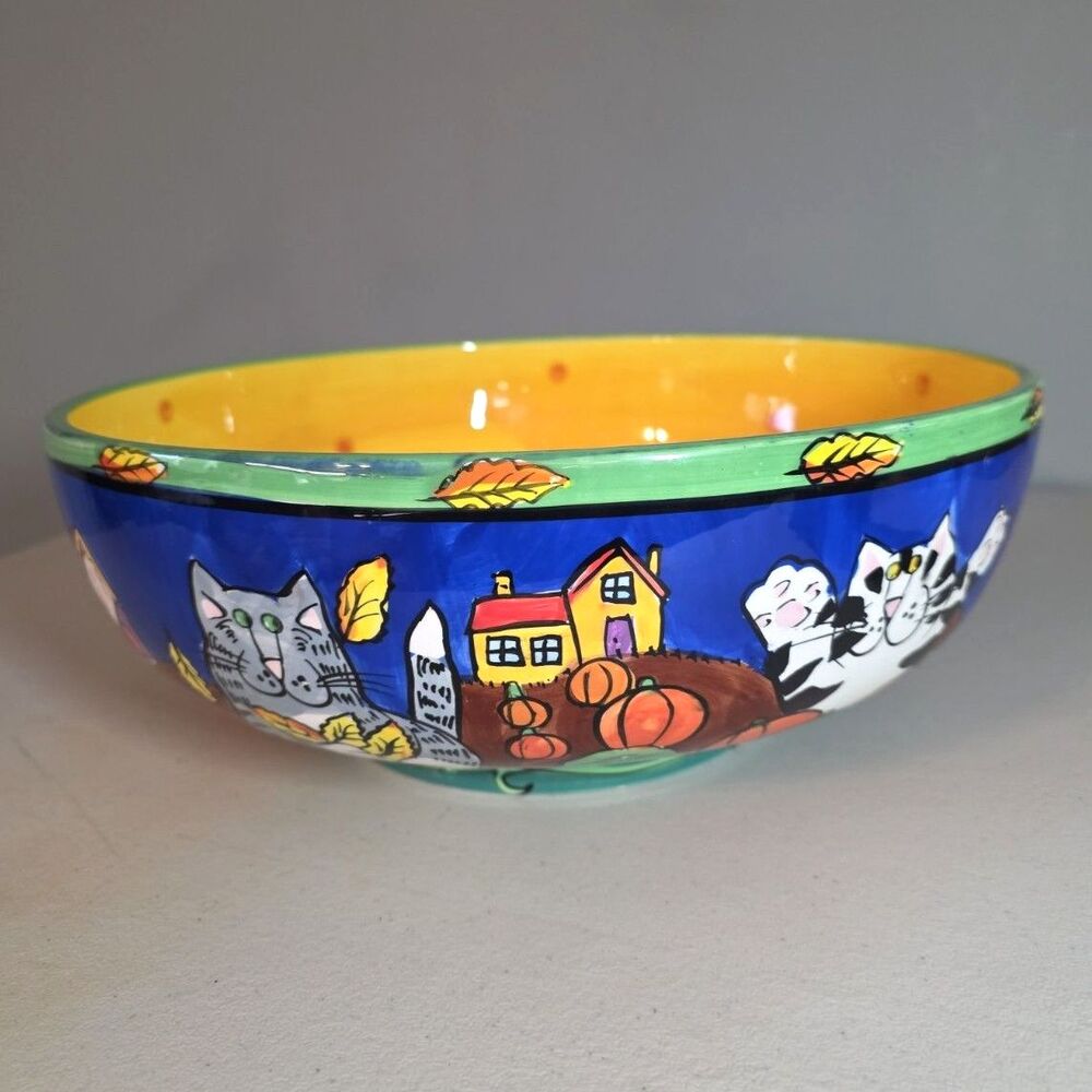 Catzilla Candace Reiter 12.25" Handpainted Ceramic Bowl Cats Pumpkin Patch Fall